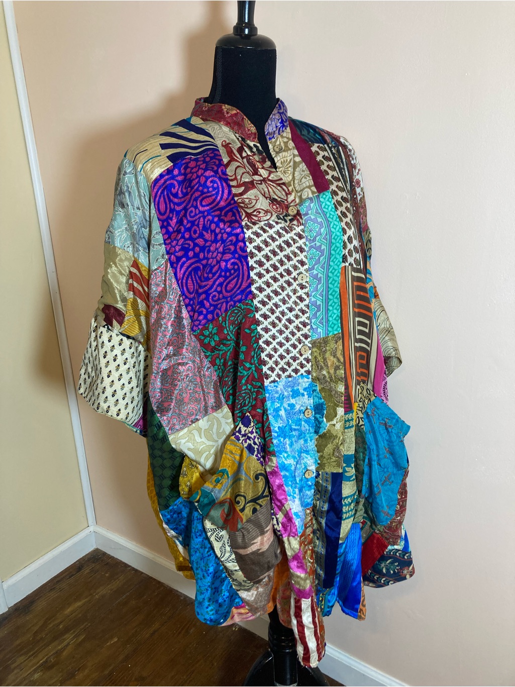 Boho Patchwork Button-Down Tunic Shirt - Multicolor